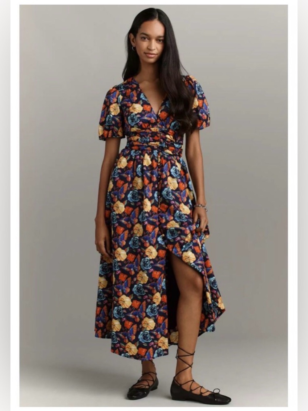 Anthropologie Katerina Button-Front Floral Dress in Navy